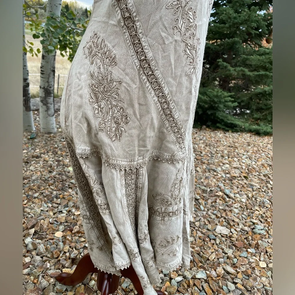 Vintage Coline Y2K fairycore Gypsy beige viscose embroidered drop waist dress - Picture 6 of 14